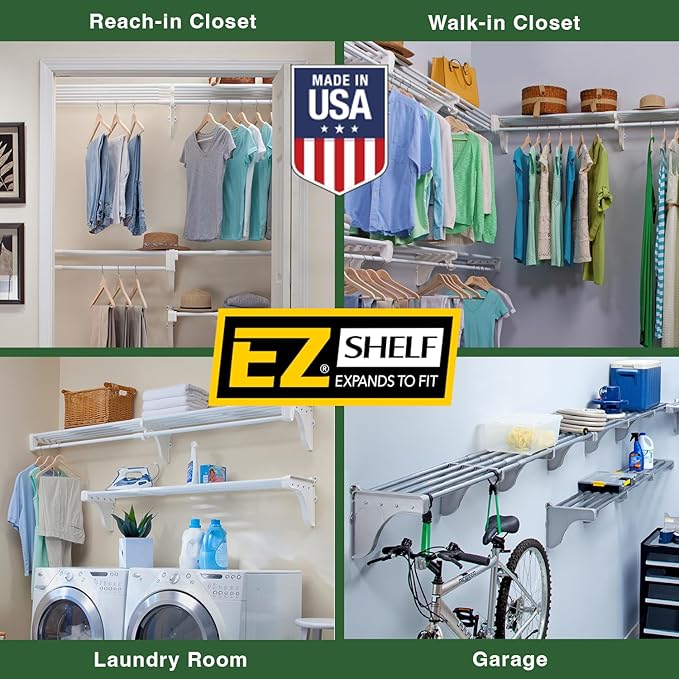 EZ Shelf - DIY Expandable Closet Shelf (NO Hanging Rod) - 28” to 48” - White - Easy to Install to 2 Sidewalls - (EZS-SW48) - Wire Closet Shelving Alternative
