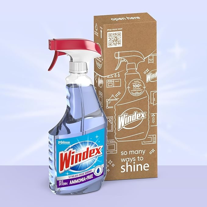 Windex Glass and Window Cleaner Spray Bottle, Ammonia Free, Packaging Designed to Prevent Leakage and Breaking, Crystal Rain Scent, 32 Fl Oz