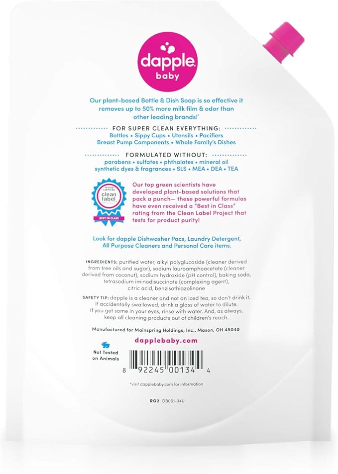 Dapple Refill Pack Baby Bottle and Dish Liquid, Fragrance Free, 33.8 Fluid Ounce (Pack of 2)