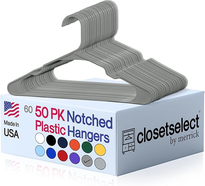 Closetselect Plastic Hangers 50 Pack - Space Saving Clothes Hangers, Made in USA, Durable & Strong Plastic Shirt & Coat Hanger with Notches & Shoulder Grooves, Non-Slip Clothing Hangers | Silver Hail