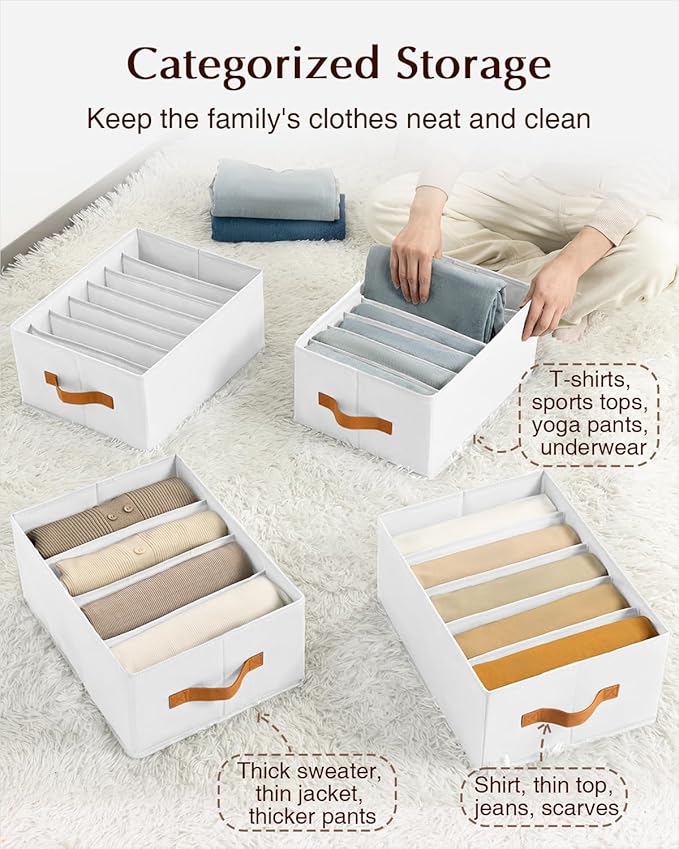Homsorout Clothes Organizers and Storage - 4/5/7 Grids Fabric Jeans Organizer with Handles, Foldable Closet Organizers Dividers, Wardrobe organizer for Pant, Sweater, T-shirt, Scarf, 6 Pack, White