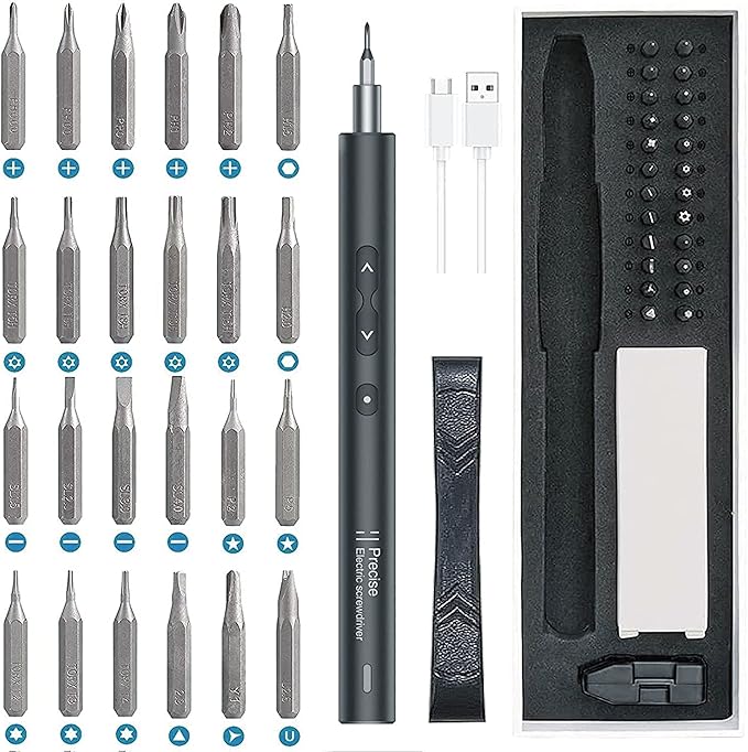 AMIR Mini Power Automatic Screwdriver, 28 IN 1 Electric Cordless Precision Screwdriver Set with 24 Bits, Rechargeable Portable Magnetic Repair Tool Kit with LED Lights for Glasses, Laptops, Watches