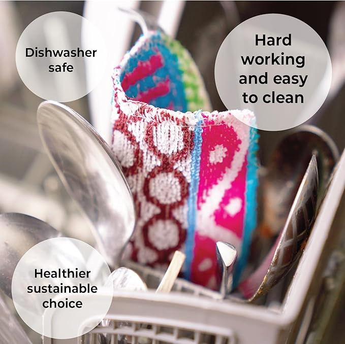 Skoy Scrub, 8-Pack Reusable, Non-Scratching Dish Scrubber for Kitchen and Household Cleaning, Planet-Friendly, Dishwasher Safe Soft Scrub, Assorted Colors and Designs