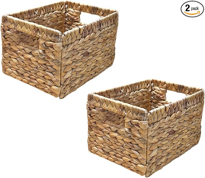 Wicker Basket For Shelves, Baskets for Organizing, Woven Storage Basket Built-in Handles for pantry, shelves, kitchen (Medium 2-Pack, Natural Water Hyacinth)