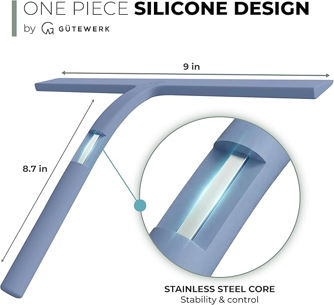 GÜTEWERK Silicone Shower Squeegee for Glass Doors & Mirrors with Stainless Steel Core, Streak-Free & No-Squeak Window Cleaning, 3-in-1 No-Drill Mount (Hook/Suction/Adhesive),Blue, 9 Inches