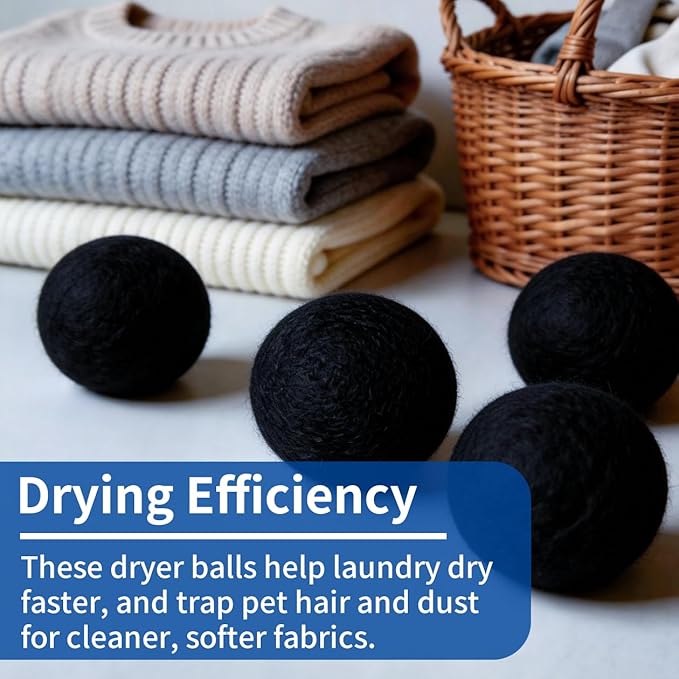 Wool Dryer Balls, New Zealand Dryer Balls Laundry Reusable Reduce Static Cling, Dryer Ball to Reduce Wrinkles & Shorten Drying Time, Drying Balls for Laundry(Pack of 6) (Black)