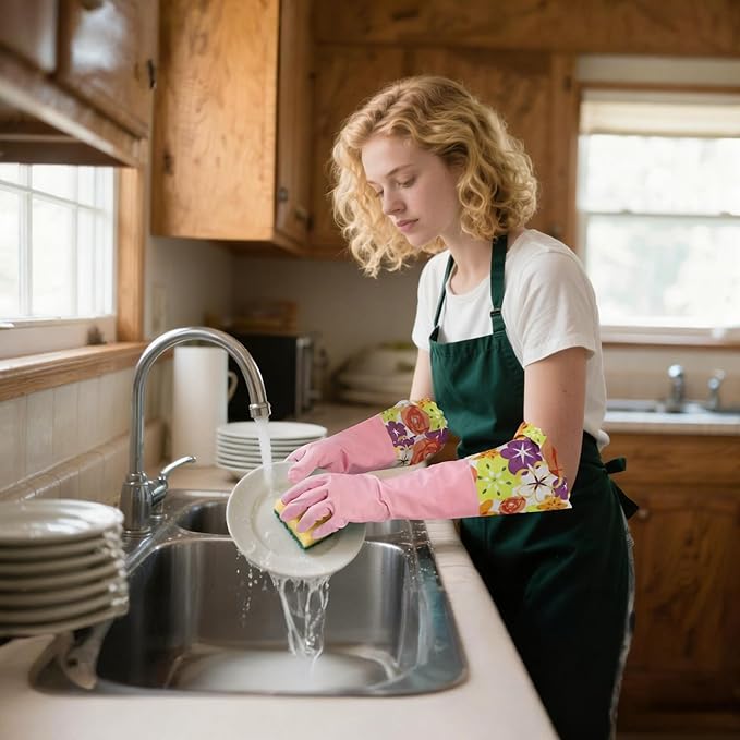 Bamllum 2 Pairs Rubber Cleaning Gloves, Household Kitchen Dishwashing Gloves with Cotton Flocked Liner, Long Cuff 16 Inches (Yellow+Pink, Medium)