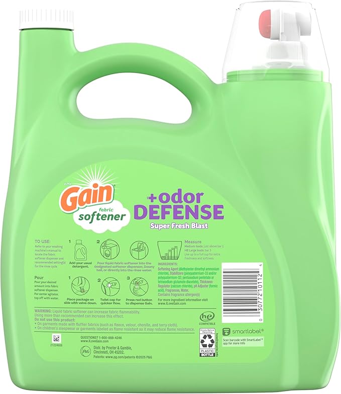 Gain Super Fresh Blast Liquid Odor Defense Fabric Softener, 140 FL OZ 190 Load, Softening Laundry Conditioner for 2 in 1 Freshness plus Odor Protection