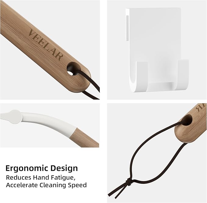 Shower Squeegee for Shower Glass, Bathroom Glass Cleaning Tool with Hook Mount, Squeegee for Glass Doors, Window Cleaning, Tile Shower Walls (White+Wood)