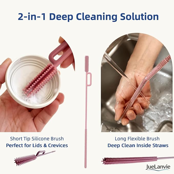 2-in-1 Dual-Head Straw Brush, Premium Silicone Cleaning Brush for Straws & Lid Gaps, Long Flexible for Tumblers & Bottles, Non-Slip Handle, No-Scratch, 2 Pack (6mm & 9mm), Durable & Reusable (Cream)