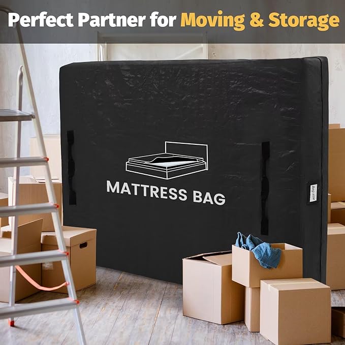 Mattress Bags for Moving and Storage, BETU Queen Mattress Protector Waterproof Mattress Cover with 8 Heavy Duty Handles and Zipper Extra Thick Moving Supplies for Bed Reusable (82x62x13.5 Black)