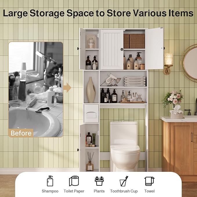 Ahomly Over The Toilet Storage Cabinet, Over Toilet Bathroom Organizer with Adjustable Shelves and Five Doors, Above Toilet Storage Cabinet for Bathroom, Restroom, Laundry, White