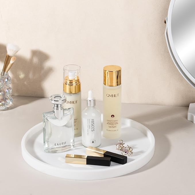 Silicone Bathroom Tray Round Vanity Tray Decorative Soap Holder Kitchen Countertop Organizer Coffee Table Decor for Candle, Perfume, Plant, 12 Inch, White