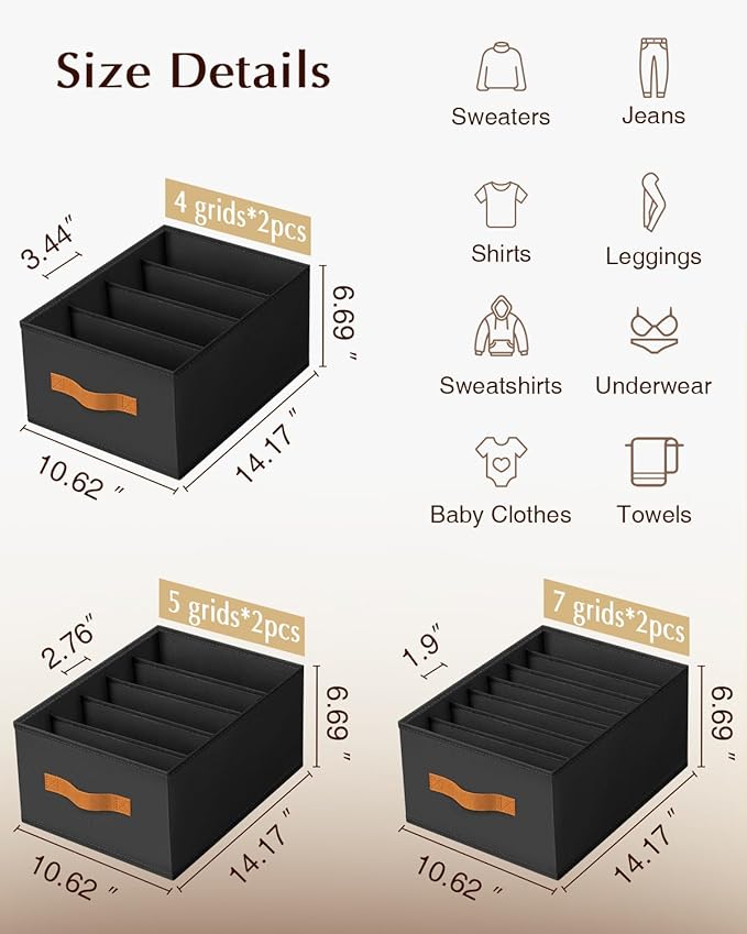 Homsorout Clothes Organizers and Storage - 4/5/7 Grids Fabric Jeans Organizer with Handles, Foldable Closet Organizers Dividers, Wardrobe organizer for Pant, Sweater, T-shirt, Scarf, 6 Pack, Black