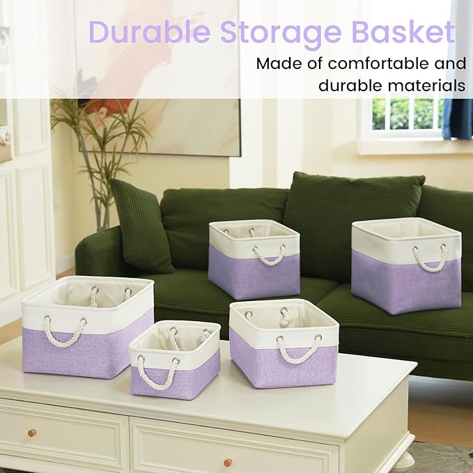 Large Storage Baskets- 15x11x10 inch Storage Bins for Shelves and Closet Organizing, Foldable Fabric Bin for Home Organization Clothes and Laundry (1-Pack, White&Purple)