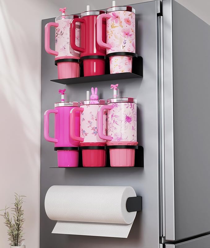 2 Pack Magnetic Stanley Cup Holder - Water Bottle Organizer for Stanley 30&40 oz Tumbler & 1 Pack Magnet Paper Towel Holder Without Drilling, Black Kitchen Storage Rack