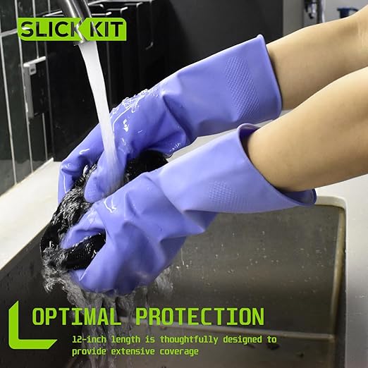 Rubber Kitchen Cleaning Gloves, Reusable Dishwashing Gloves, Non-Slip, with Flocked Liner, 3 Pairs (Pink+Yellow+Blue) (Large)