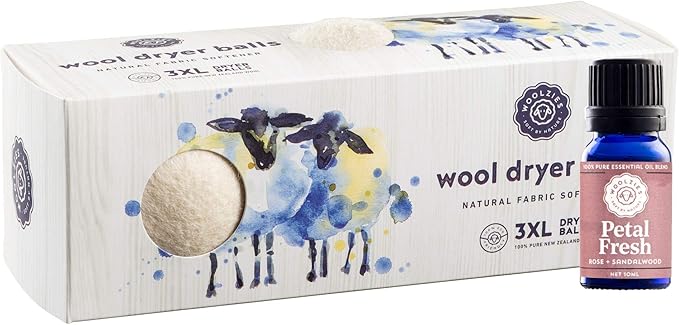 Woolzies Organic Wool Dryer Balls: 3 Pack XL Dryer Balls & Ptael Fresh Essential Oil Blend | All Natural Laundry Fabric Softener Balls | Made with 100% New Zealand Wool | Best Essential Oil Balls