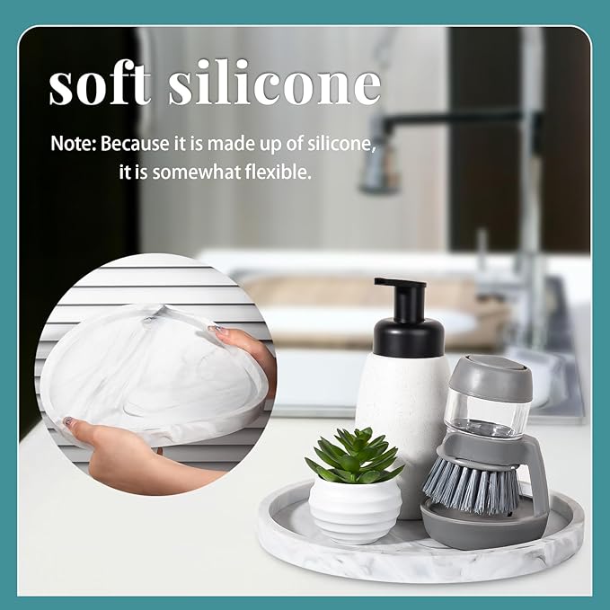 Silicone Bathroom Tray Round Vanity Tray Decorative Soap Holder Kitchen Countertop Organizer Coffee Table Decor for Candle, Perfume, Plant, 10 Inch, Marble Grey