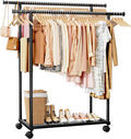 Sakugi Metal Clothes Rack - Double Rod Clothing Rack with Fixed Design and Rolling Wheels, Coat Rack with Built-In Shelf for Closet Organizers and Storage (45.6" x 16.9" x 61.0", Black)