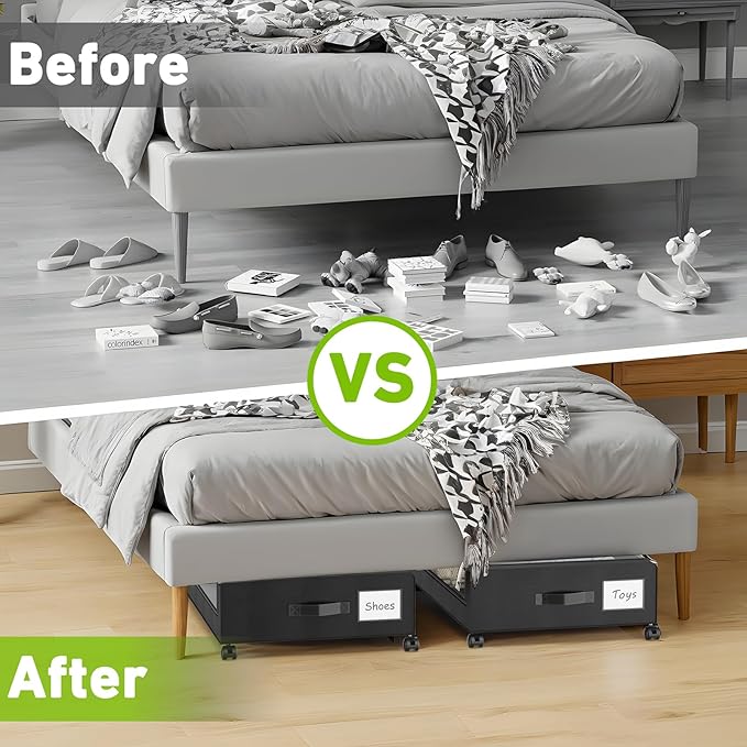 YAASHEEN Under Bed Storage with Wheels, 2-Pack Under the Bed Storage Containers with Clear Lids & Label, Underbed Storage Bins, XXL 60L Rolling Metal Drawer for Clothes, Shoes, Toys, Books - Black