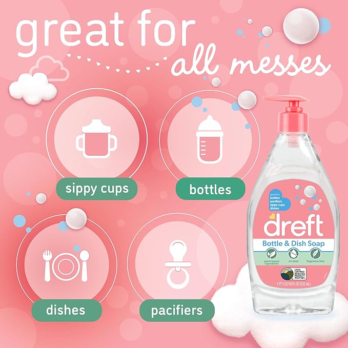 DREFT Bottle and Dish Soap Baby Gift Set - Bonus Travel Size Dreft All Purpose Cleaner & Stain Remover - Made to Clean Baby Essentials - Plant Based Ingredients, Fragrance Free Formula - 4 Piece Set