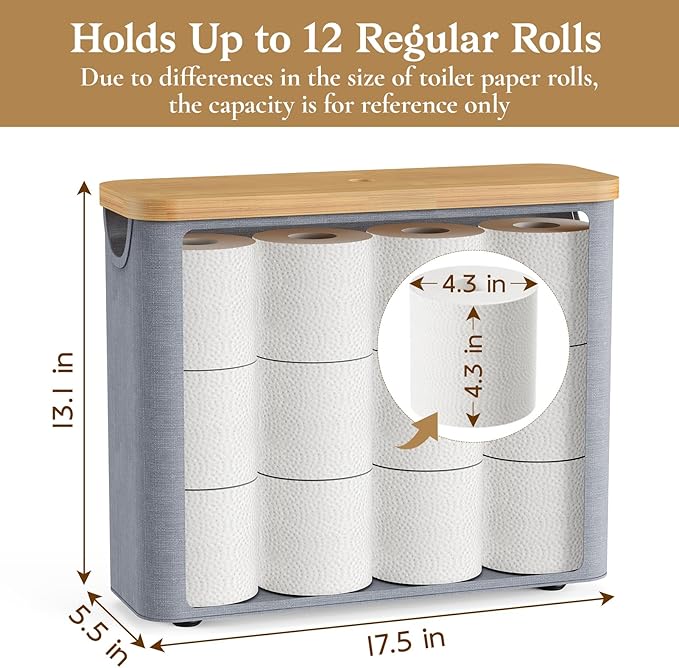 Toilet Paper Storage Basket with Bamboo Lid, Toilet Paper Holder with Storage, Free Standing Bathroom Storage Organizers with Non-Slip Bottom, Grey 1 Pack