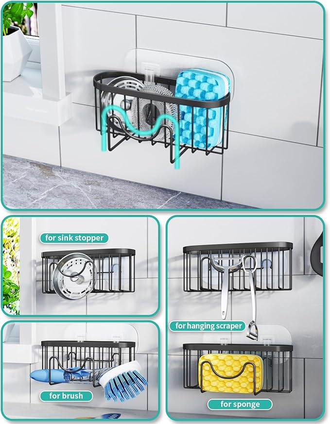 HapiRm Kitchen Sponge Holder for Sink - 2 Installation Methods Kitchen Sink Caddy Organizer with Unique M-Shaped, Rustproof Stainless Steel Sponge Caddy - Black（Large）