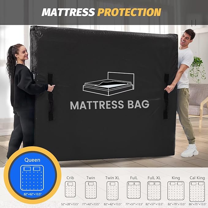 Mattress Bags for Moving and Storage, BETU Waterproof Mattress Protector Full XL Mattress Cover with 8 Heavy Duty Handles and Zipper Extra Thick Moving Supplies for Bed Reusable (82x57x13.5 Black)