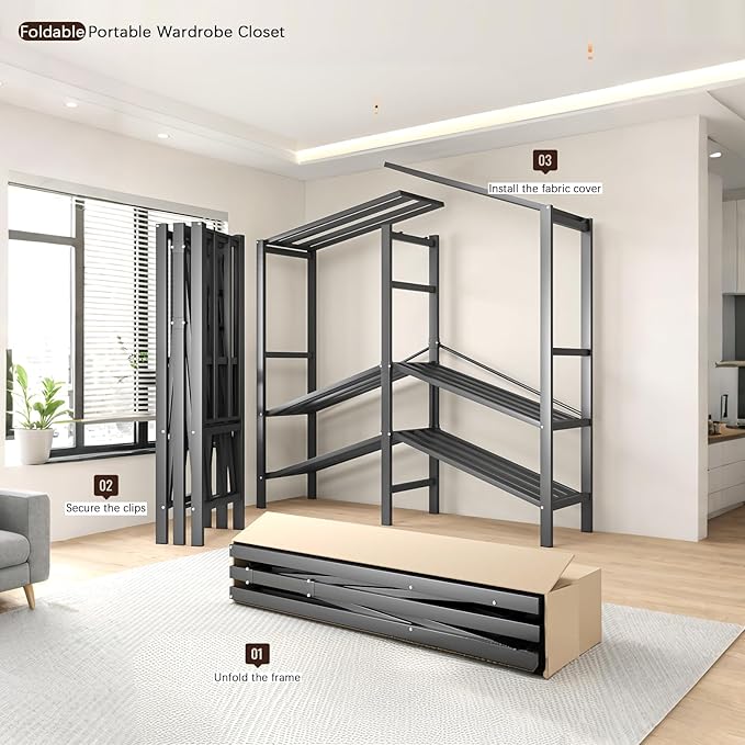 Foldable Portable Armoire Wardrobe Closet for Hanging Clothes Rack, Heavy Duty Covered Clothes Rack with Cover(HARDBOARD Magnetic), Closet Garment Rack for Bedroom Storage (KT Black, 59.05in)
