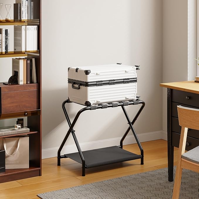 HOOBRO Luggage Rack, Pack of 2, Folding Suitcase Stand with Fabric Storage Shelf for Guest Room, Bedroom, Hotel, Holds up to 100 lb, 27 x 15.3 x 22 Inches, Space Saving, Black BK04XLP201