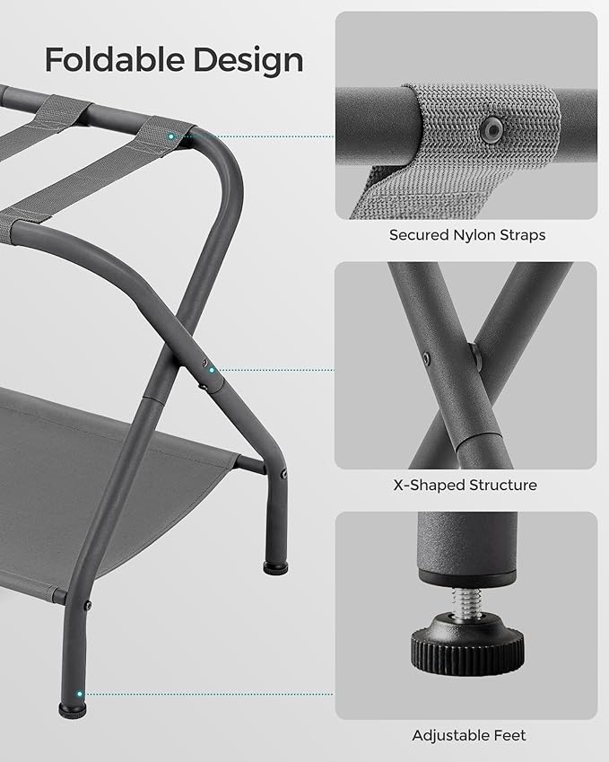 SONGMICS Luggage Racks, Set of 2, Suitcase Stand with Fabric Storage Shelf, for Guest Room, Bedroom, Hotel, Foldable, Holds up to 110 lb, 27.2 x 15 x 20.5 Inches, Slate Gray URLR002G02