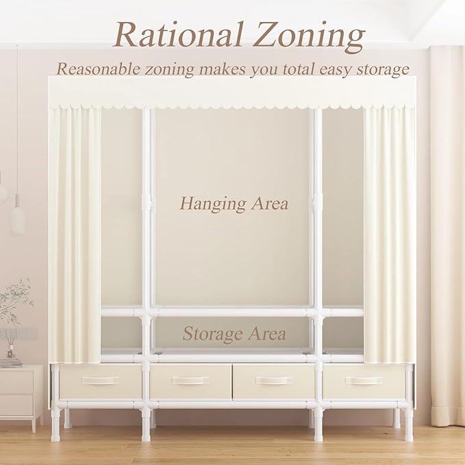 Portable Closet,Garment Rack,Heavy Duty Clothes Rack with Cover,Wardrobe Closet with 2 Hanging Rods, 6 Storage Shelves,43.3" L x 17.7" W x 67.7" H,Pale Yellow