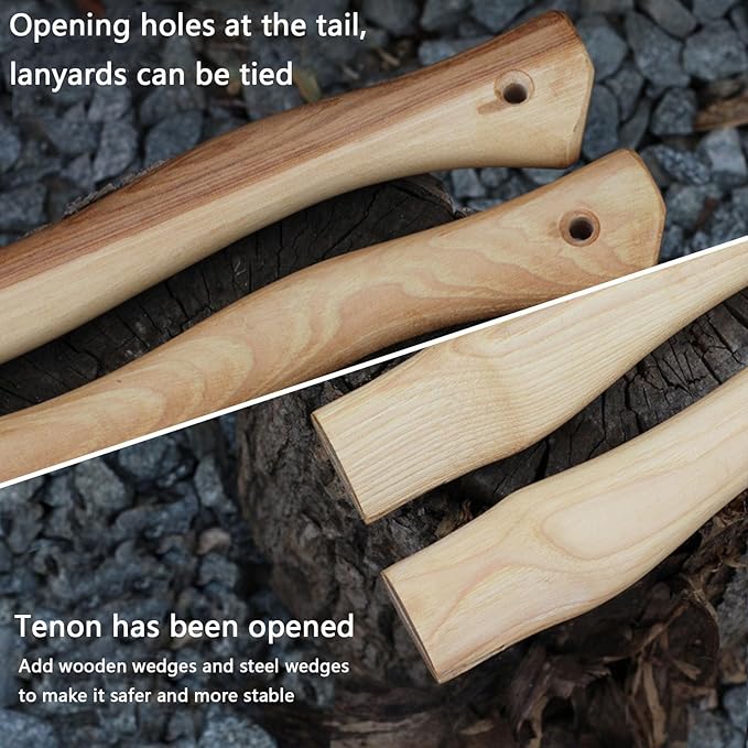 2 PCS Replacement Axe Handle for Camping Gardening Axe, 13in Hickory Hatchet Handle Replacement with Wooden and Steel Wedges Camping Essentials