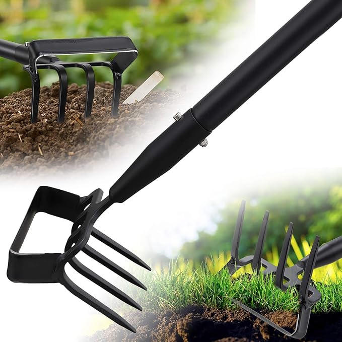 Garden Hoe Tool - Heavy Duty 2 in 1 Scuffle Hoes with Cultivator Tiller for Weeding Grass,Loosening Soil,Sharp Blade,36-60” Long Handle,Push Pull Action Hoe with Scraper Rake for Gardening