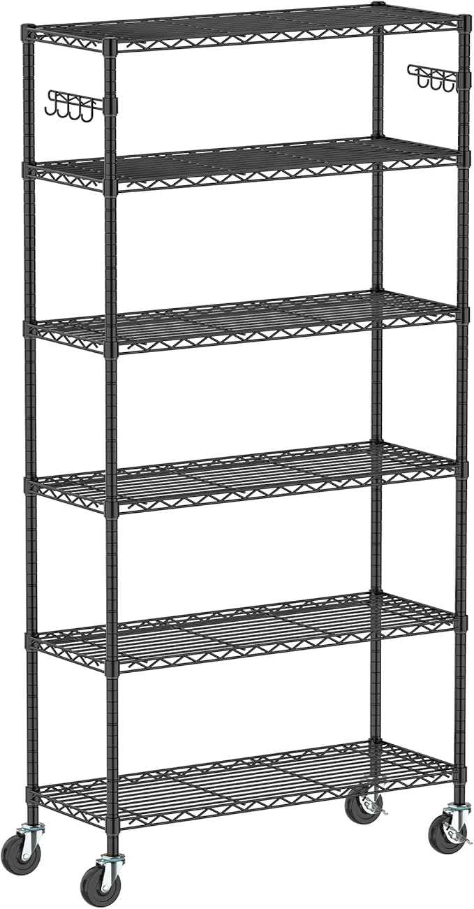 Folews 6-Tier Metal Storage Rack with Wheels, Sturdy Adjustable Wire Shelving Unit for Garage Kitchen Pantry Laundry Room, 36" W x 14" D x 75" H Large Rolling Organizer Shelf Easy Assembly, Black
