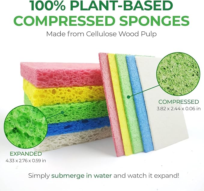 Compressed Cellulose Sponges - 32 Pack Natural Pop Up Dish Sponge for Kitchen - Compostable Plant-Based Cleaning Sponges Bulk – Non Scratch Natural Sponge for Dishes & Household Cleaning