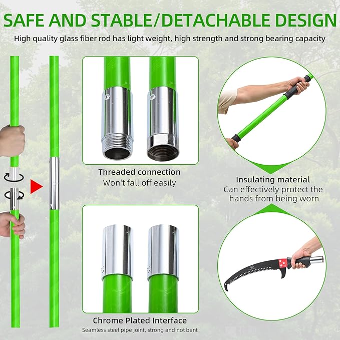Manual Pole Saw for Tree Trimming, 27 FT Manual tree purner with 8 Fiberglass Handles, Sharp steel Blade and Heavy-Duty Giant Scissors, Extendable Design for Tree Maintenance, Green