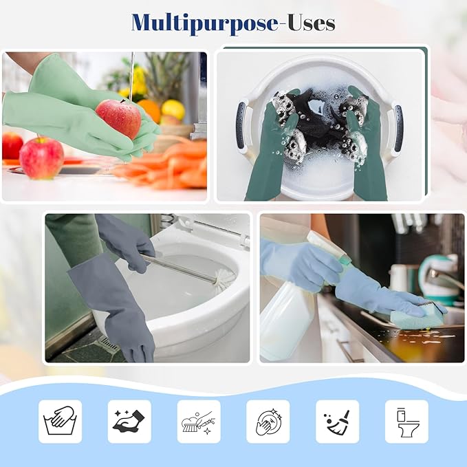 Rubber Kitchen Dishwashing Gloves - 4 Pairs Colorful Reusable Household Cleaning Gloves For Washing Dishes And Cleaning Tasks，Flexible And Durable Waterproof (Large, Dark Green+Blue+Green+Gray)
