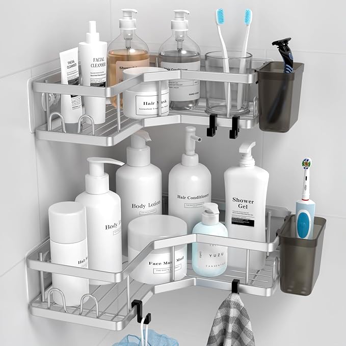 AKTECKE Corner Shower Caddy Shelf Rack: 2 Pack Adhesive Shower Organizer Essentials - No Drilling Stainless Steel Bathroom Storage Rack with Hooks and Toothpaste Holder