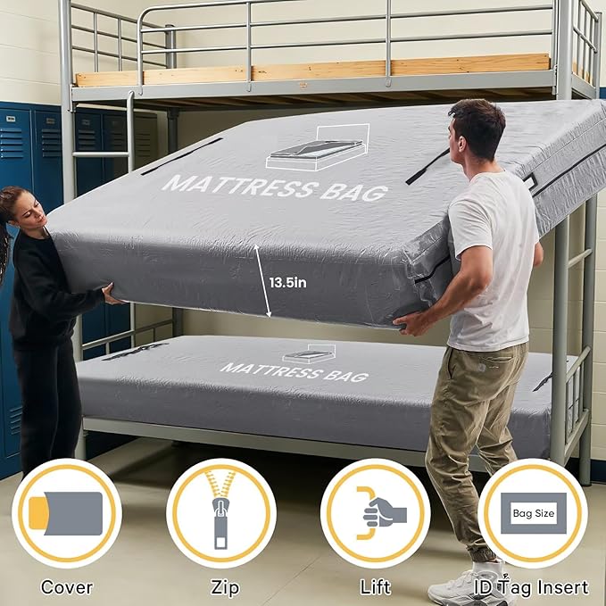 Mattress Bags for Moving and Storage, BETU Waterproof Mattress Protector Twin XL Mattress Cover for College Dorm Essential with 8 Heavy Duty Handles and Zipper Thick Moving Supplies (82x42x13.5 Grey)