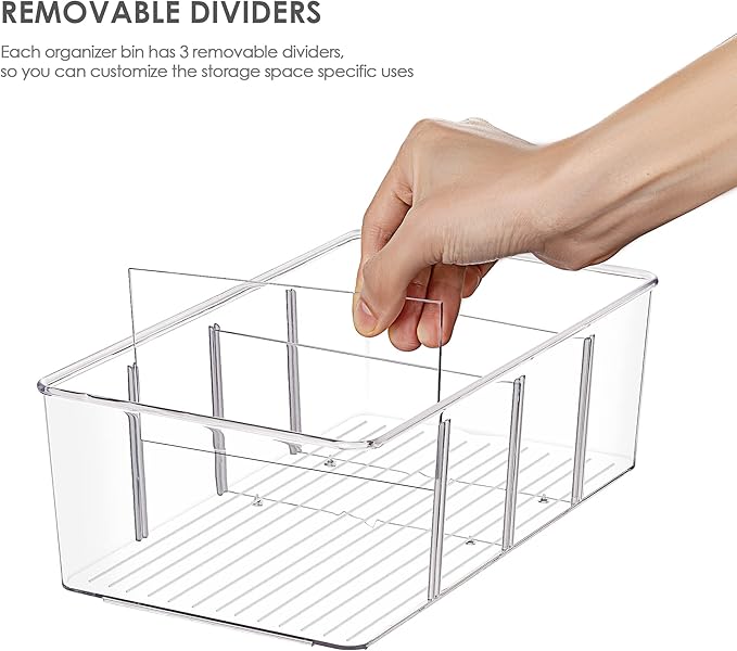 Vtopmart 4 Pack Food Storage Organizer Bins, Clear Plastic Bins for Pantry, Kitchen, Fridge, Cabinet Organization and Storage, 4 Compartment Holder Packets, Snacks, Pouches, Spice Packets