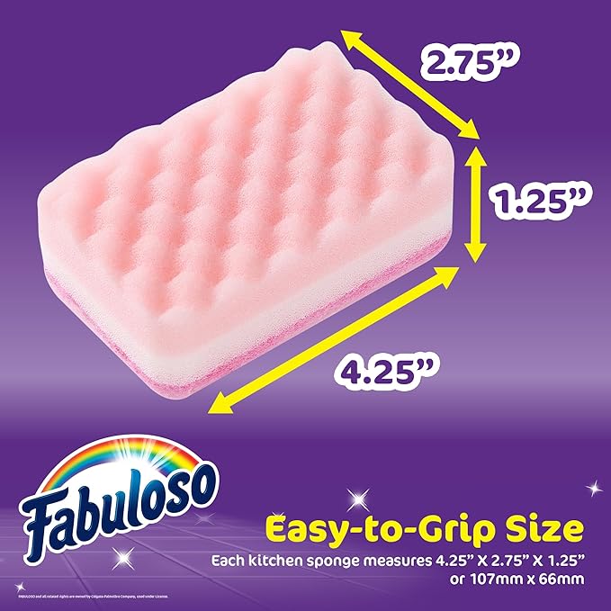 Fabuloso Scratch-Free Kitchen Dish Sponges, Rainbow Cellulose Scrubber Sponge with Scouring Pad for Dishes, Pots, Pans, Counters and Sinks, Tough on Messes, 4.25 x 2.75 x 1.25 in, 6 Count