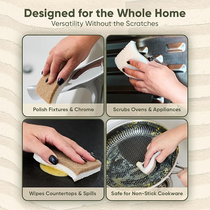 Plant-Based Kitchen Sponges (6 Pack) | USDA Biobased Certified | FSC & PETA Approved | Natural Cellulose & Coconut Scrubber Sponge | S-Shaped Design | Eco-Friendly, Non-Scratch, Non-Toxic & Vegan