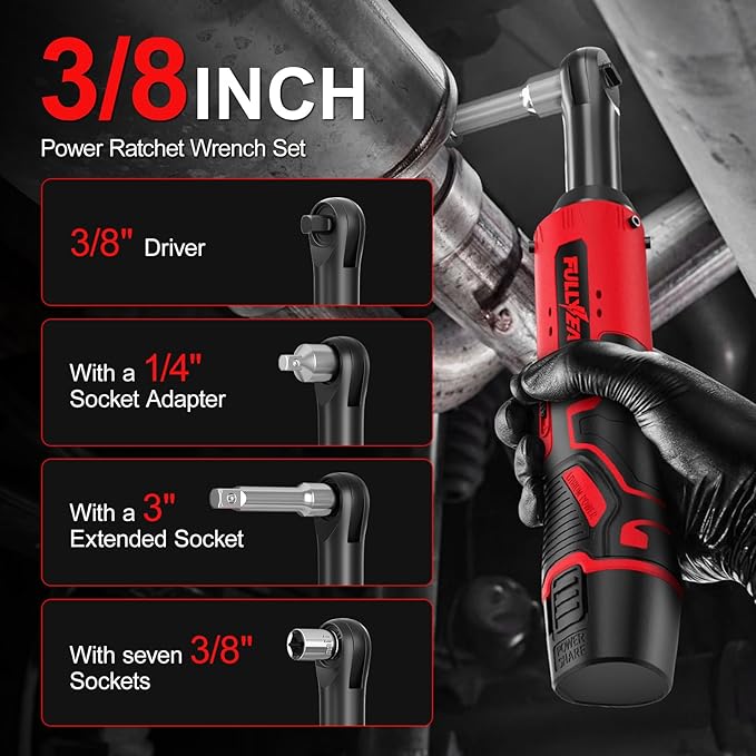 Electric Ratchet Wrench Set,12V Cordless Ratchet Wrench 3/8", 400 RPM Power Ratchet Tool Kit with LED Light, 7 Sockets, 1/4" adapter, 2 Packs 2000mAh Lithium-Ion Battery and Fast Charger