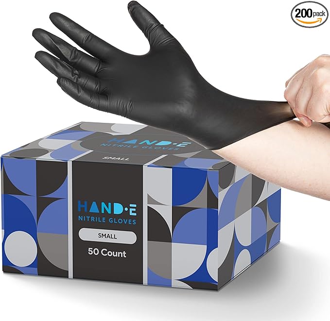 Hand-E Touch Black Nitrile Disposable Latex Free & Powder Free Gloves Small, 200 Count - BBQ, Tattoo, Hair Dye, Cooking & Mechanic Gloves