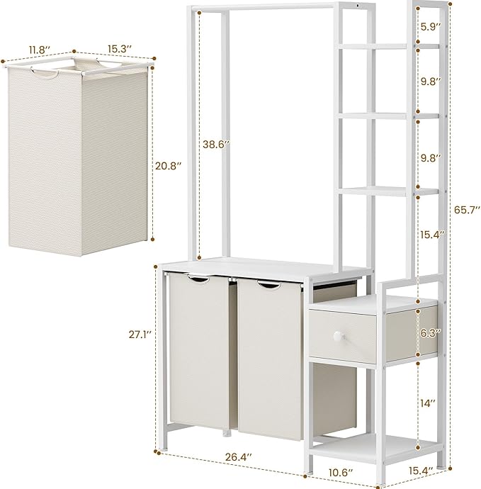 Creso hom Laundry Hamper with Shelf, 5 Tiers Tall Laundry Basket Sorter with 2 Pull-Out and Removable Bags, Clothes Rack with Laundry Sorter for Laundry Room Bathroom Bedroom, White