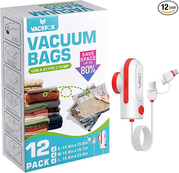 12 Pack Vacuum Bags for Travel with USB & TYPE C Pump,Compression Packing Cubes for Luggage,Carry-on Space Saver Vacuum Seal Bags&Vacuum Storage Bags for Vacation(Red)