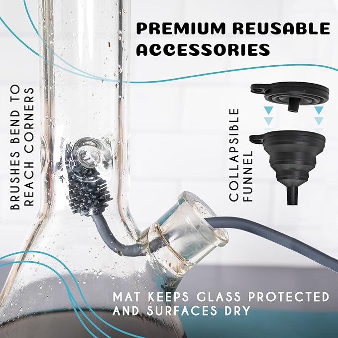 Glass Cleaning Kit - Reusable Silicone Accessories - Complete Kit to Clean your Piece, Just Add Cleaner - Reusable Soaker Bag, Brushes, Mat, Caps & Plugs, Funnel, & Microfiber Towel