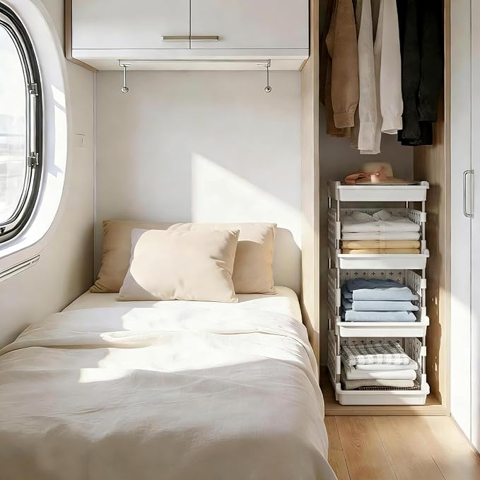 Lifewit Plastic Stackable Storage Baskets, 4 Tier Stacking Bins for Food and Clothes, Multifunctional Organizer for RV, Kitchen, Playroom, Pantry and Bathroom, 13.8"D x 11.8"W x 28.3"H, 1 Pack, White